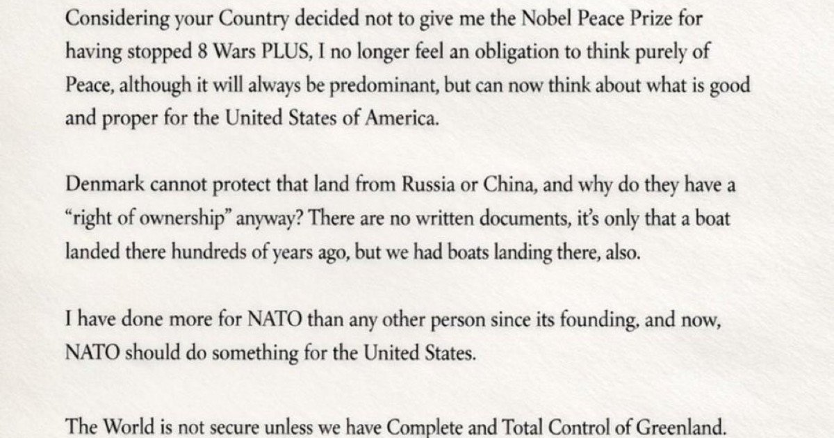"Ya no siento la obligación de pensar en la paz": la carta que le envió Trump al premier de Noruega porque no le otorgaron el Premio Nobel