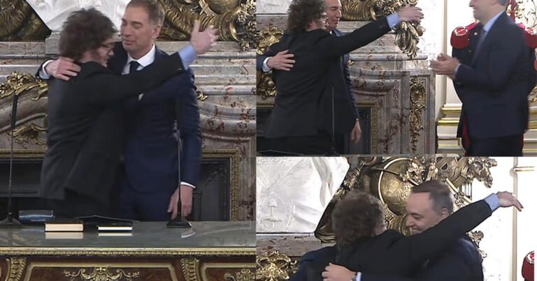 El protagonismo de Adorni en la jura de Diego Santilli: el cuadro a cuadro del abrazo de tres con Javier Milei