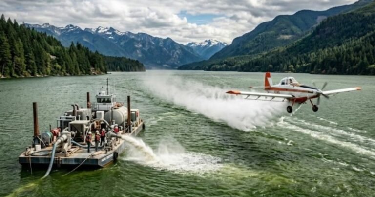 Arrojan toneladas de aluminio desde aviones y barcos para rescatar un lago contaminado: durante años, sufrió un grave deterioro ambiental debido a niveles de fósforo extremadamente altos, que provocaban frecuentes floraciones de algas y reducían la calidad y transparencia del agua