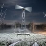 Productores de duraznos colocaron un ventilador de 4,5 metros en una torre para hacer descender aire caliente y salvar la cosecha del frío, mientras en un parque eólico hacían lo mismo a kilómetros de distancia