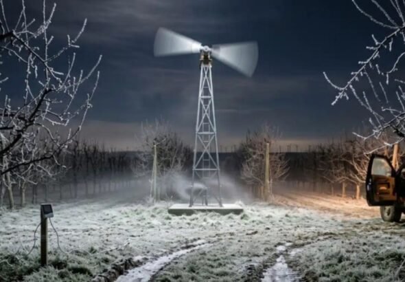 Productores de duraznos colocaron un ventilador de 4,5 metros en una torre para hacer descender aire caliente y salvar la cosecha del frío, mientras en un parque eólico hacían lo mismo a kilómetros de distancia