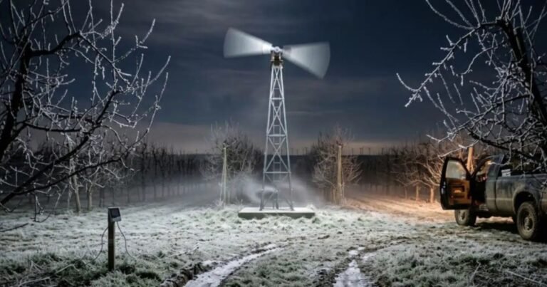 Productores de duraznos colocaron un ventilador de 4,5 metros en una torre para hacer descender aire caliente y salvar la cosecha del frío, mientras en un parque eólico hacían lo mismo a kilómetros de distancia