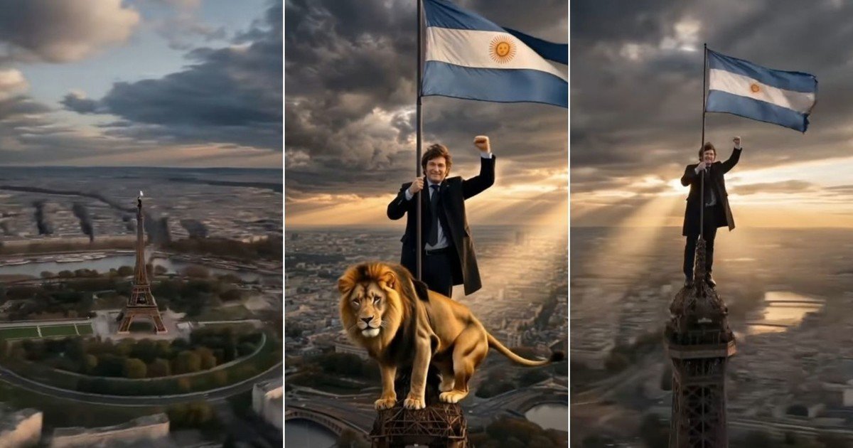Subido a la torre Eiffel con la bandera argentina y un león: el video con IA que compartió Milei antes de viajar a París