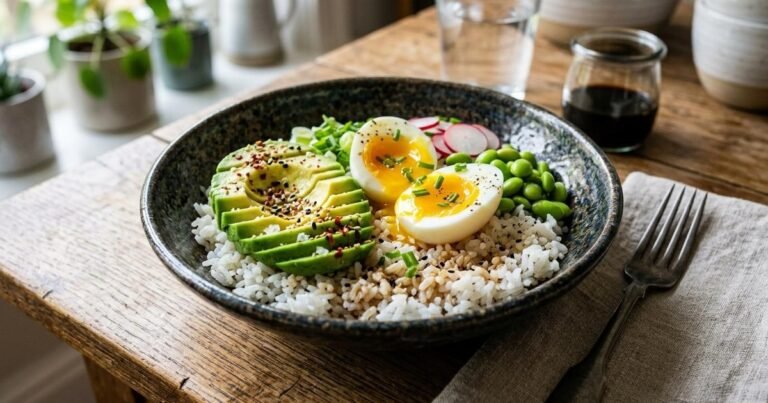Bowl de arroz, huevo y palta