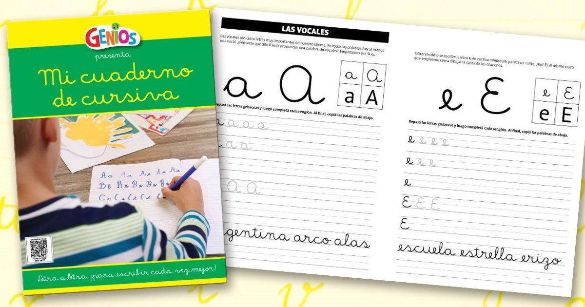 Sale un libro con ejercicios para que los chicos practiquen la letra cursiva