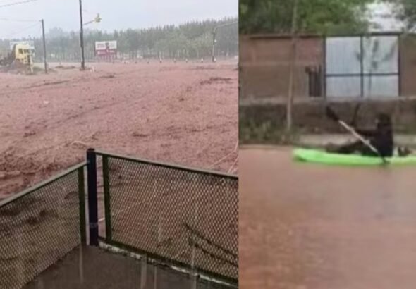 Calles inundadas, ríos de barro y vecinos en canoa tras una fuerte tormenta en Añelo, la capital de Vaca Muerta