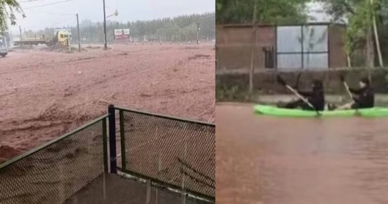 Calles inundadas, ríos de barro y vecinos en canoa tras una fuerte tormenta en Añelo, la capital de Vaca Muerta